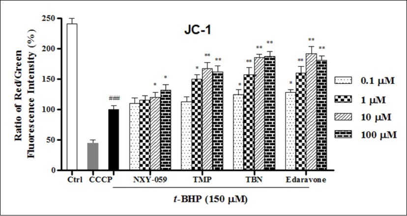 Evaluation of mitochondrial membrane potential against t-BHP impairment. CCCP served as a positive control. Data were presented as ratio of red / green fluorescence intensity relative to t-BHP treated only group. Significant: *p< 0.05, **p<0.01 vs t-BHP only group. ### p < 0.001 vs control group. The results were the mean ± SD of four independent experiments.
