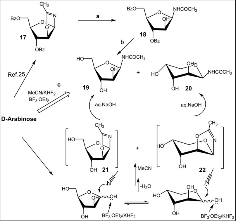 Synthesis of N-β-D-glycosyl acetamides with arabino configuration from D-arabinose. Reagents and conditions: a) 17, CHCl3, silica gel (entry 6, table 1), 18, 84%; b) 18, NH3/MeOH, rt, 18 h, 19, 68%; c) D-arabinose, CH3CN, KHF2, BF3.Et2O, rt, 4 h 10 min, CC, 19, 21%, 20, 18%.