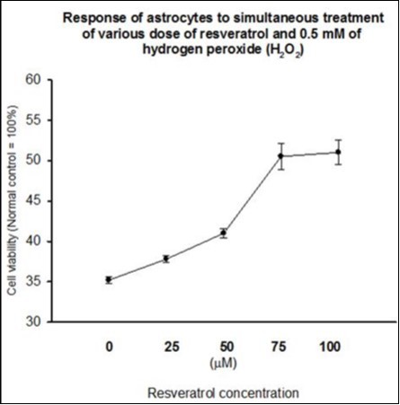 Simultaneous treatment of cultured astrocytes with 0.5 mM H2O2 and different dose of resveratrol resulted in a resveratrol dose-dependent increase in cell survival. At the concentration of 75 µM, resveratrol increased the cell viability to about 50% of the control value, thereafter, the neuroprotective effect of resveratrol leveled off.