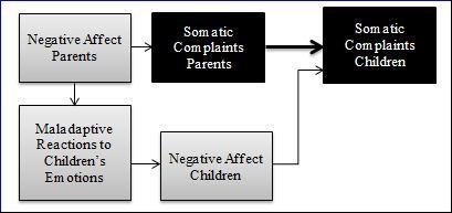 Theoretical explanation of the direct association between somatic complaints in parents and children (black) and the indirect pathway (grey)