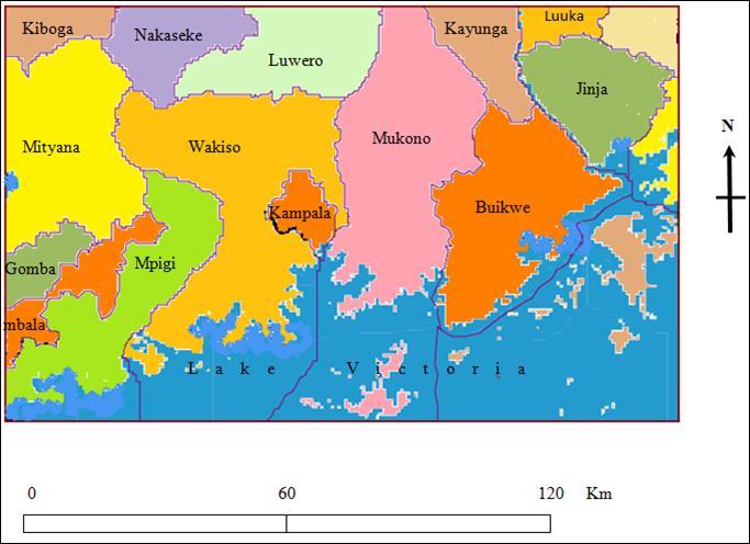 The map of Uganda showing Kampala and some surrounding districts where participants came from to seek health care in Mulago Hospital following motorcycle crashes