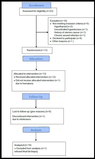 Trend diagram for the study. Twenty-three subjects were screened, 13 were randomized, 1 was excluded prior to allocation and intervention, 1 subject discontinued due to intolerance and 1 refused the final adipose tissue biopsy.