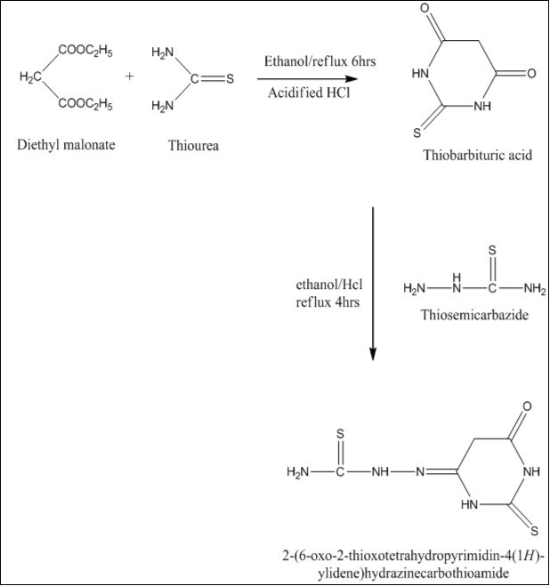 Scheme of The synthetic reaction of formation of 2 - 6 – Oxo - 2- Thioxotetrahydropyrimidin – 4 1H - Ylidene Hydrazine Carbothioamide.
