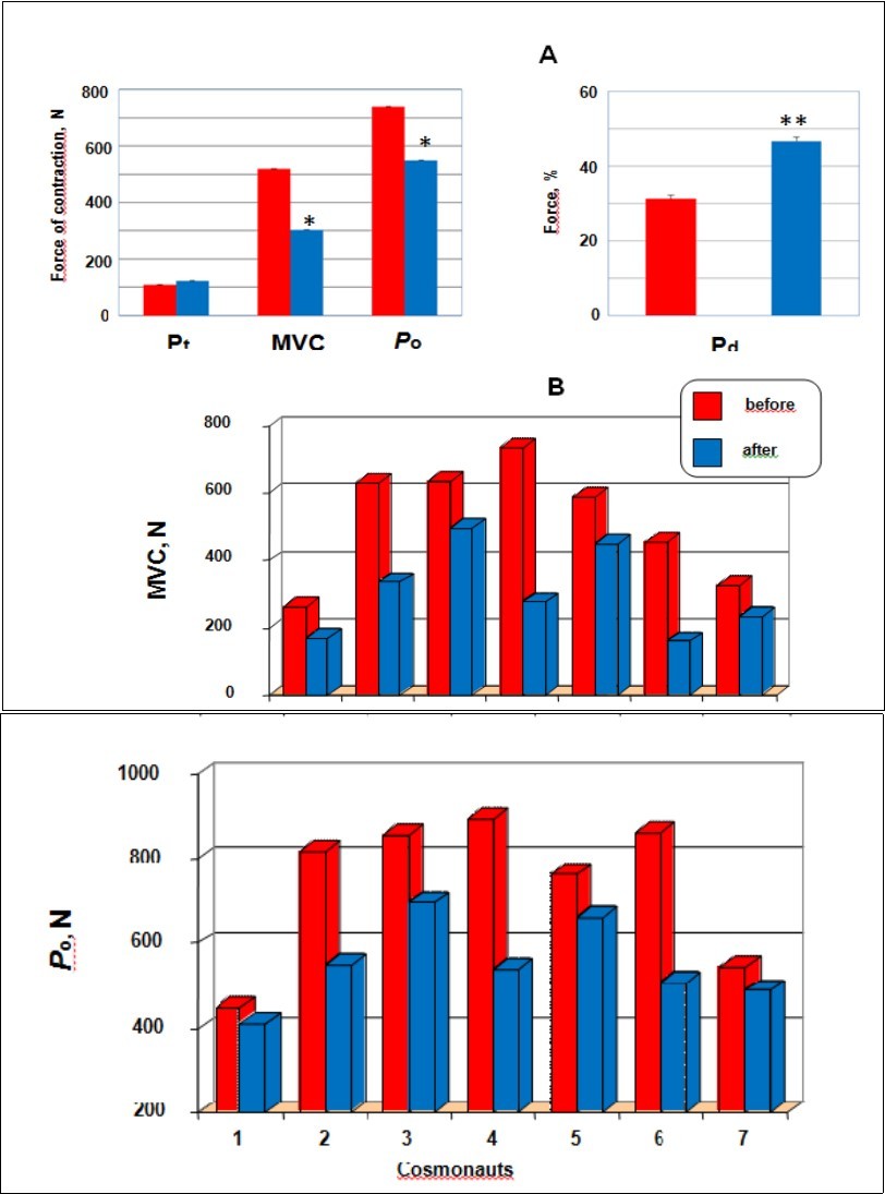 The effects of long-term space flights on strength properties A. The maximal twitch response of force (Pt), maximal voluntary contraction (MVC), maximal electrically evoked tetanic contraction (Po, recorded at 150 impulses.s-1) (left panel), and force deficit (Pd,) before and after prolonged space flights (right panel). B. The histograms represent the individual MVC (top panel) and Po (bottom panel) values of each cosmonaut from baseline data collections and 3 days after return test. All values are means ± SE. Significantly different between groups for corresponding contractions: **p < 0.05 ***p < 0.01