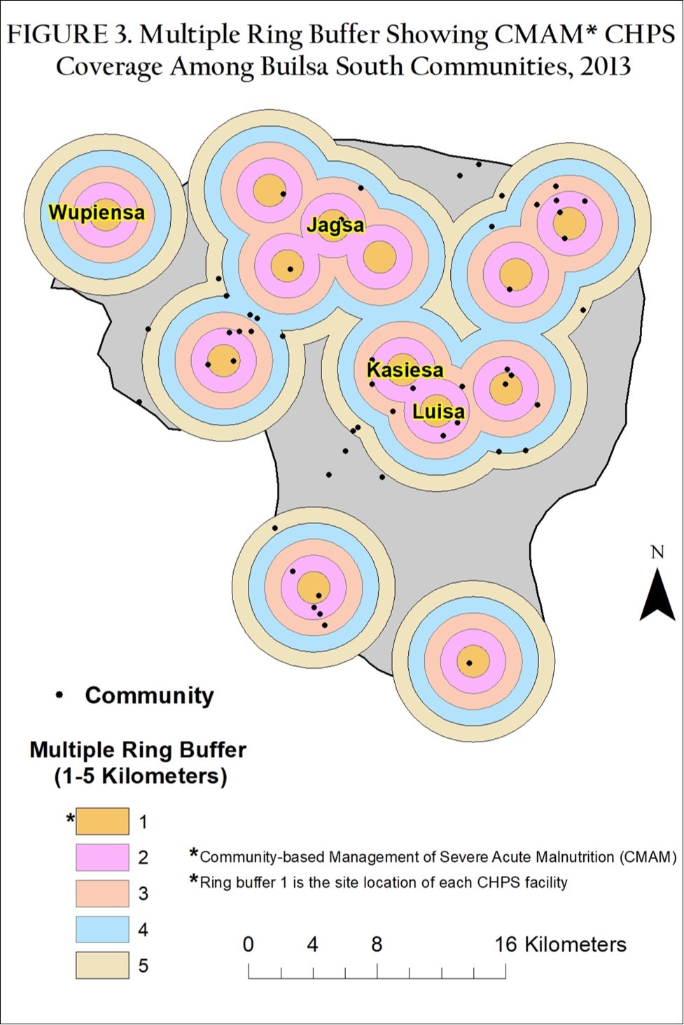 Multiple Ring Buffer showing CMAM*CHPS coverage among Builsa South communities,2013