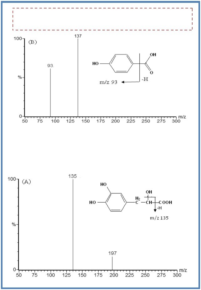 The mass spectra of M- ions of DSS (A) and p-hydroxybenzoic acid (B).