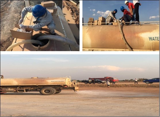 The mixing of chemicals and spraying with a tanker at site