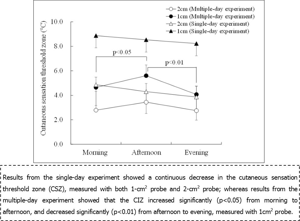 Diurnal variation in the cutaneous sensation threshold zone measured with 1-cm2 and 2-cm2 probes.
