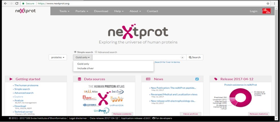 NeXtProt home page having menus in header and footer making easy for the user to access all the neXtProt content, gold or silver written with the search bar refers to the quality of data.