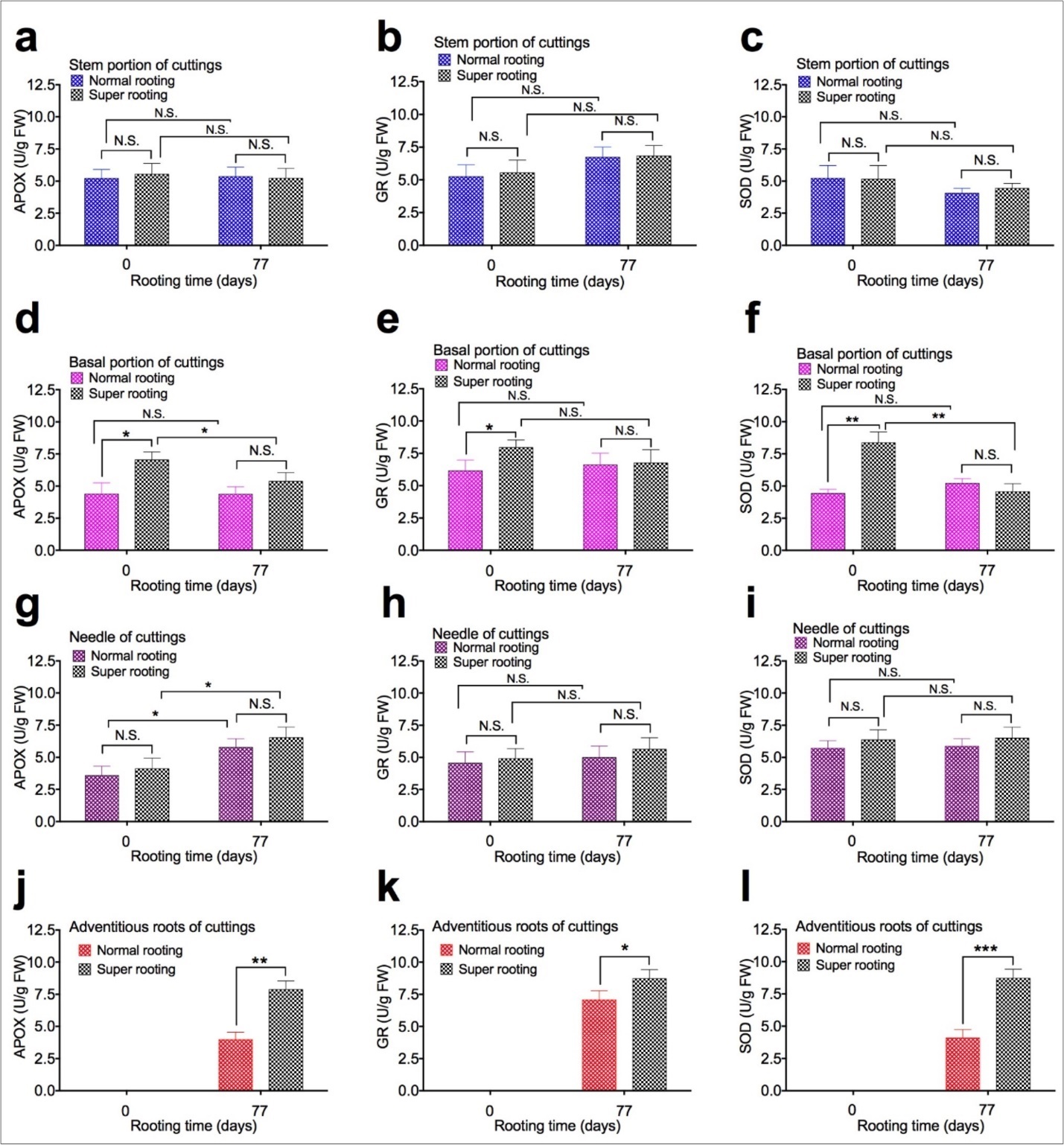 APOX, GR, and SOD activity in shoot cuttings of T. chinensis var. mairei at 0 and 77 days after planting. APOX (Figs. 4a, 4d, 4g, and 4j), GR (Figs. 4b, 4e, 4h, and 4k), and SOD activity (Figs. 4c, 4f, 4i, and 4l) in stem portion, basal portion, needles, and adventitious roots of rooted cuttings of T. chinensis var. mairei at 0 and 77 days after planting. Experiment was repeated five times. The statistically significant difference between groups was determined by one-way ANOVA. Data are presented as means of five independent experiments. Error bars represent standard error. The asterisk indicates significant differences compared to the rooted cuttings with low rate of root formation, as assessed by a t-test. *P<0.05, **P<0.01, ***P<0.001, significant relative to Phase I. N.S., no statistics significance.