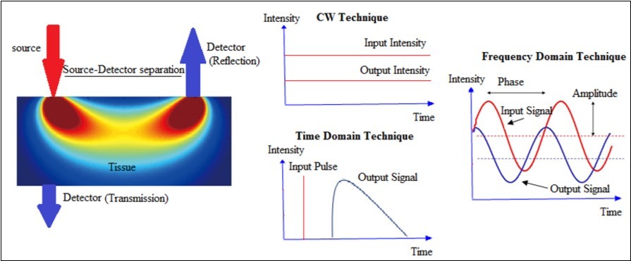 Single source-detector pair configuration of DOI in CW, TD, and FD methods.