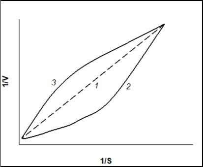 Dependence of the rate of enzymatic reaction (V)on the initial substrate concentration (S) in reciprocal coordinates for “classical” Michaelis-Menten kinetics, n=1 (line curve 1), positive kinetic cooperative by a substrate, n>1 (curve 2), and negative kinetic cooperativity by a substrate, n<1 (curve 3).
