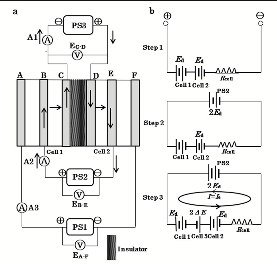 ESI-PSE double cell unit. a, system configuration. SE: solid electrolyte; PS: power supply; A1, A2, A3. ammeters. b, operation procedure. Rcell: cell resistance; Ie: electrolytic current.