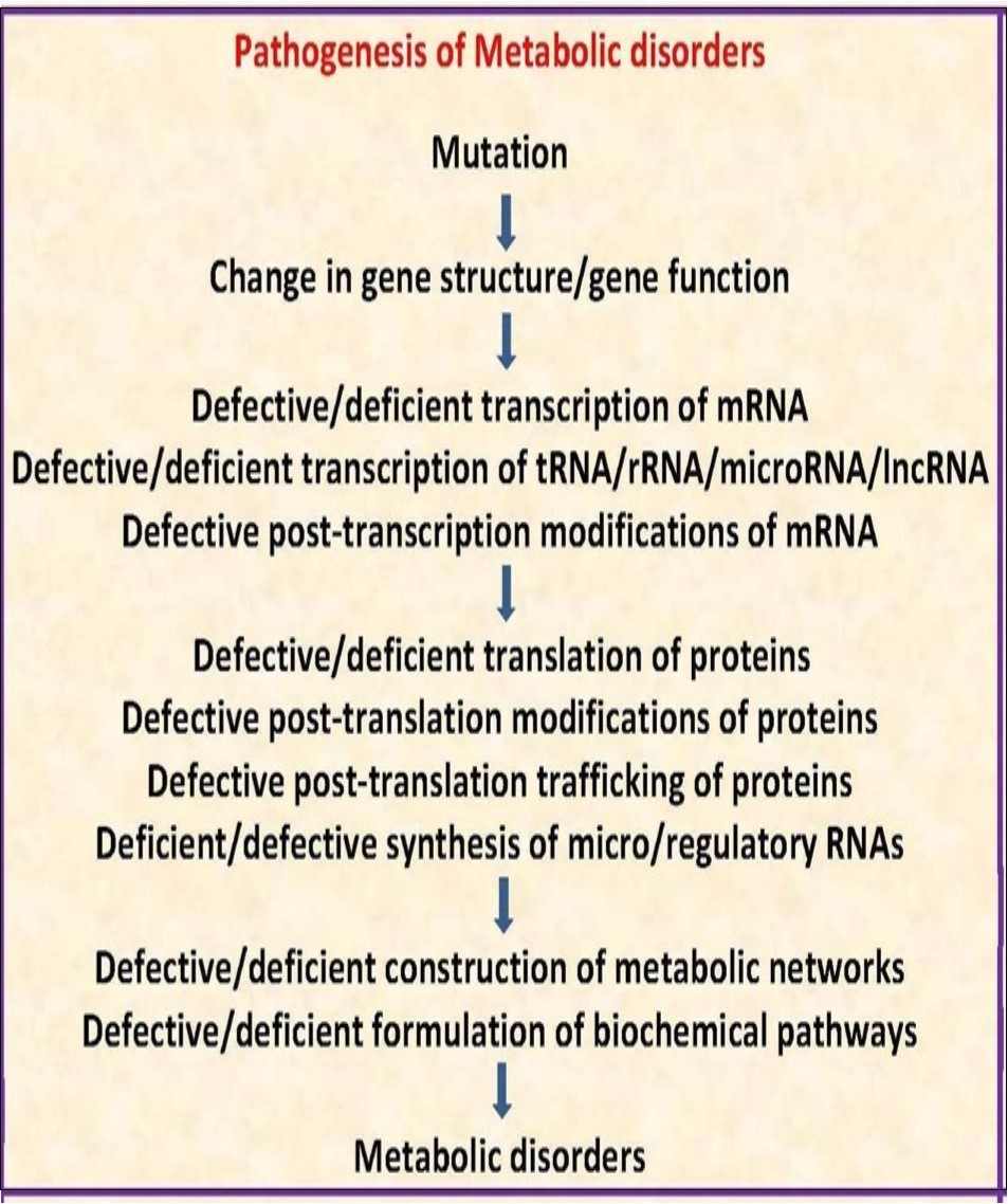 Molecular defects in construction of metabolic networks and pathogenesis of metabolic disorders
