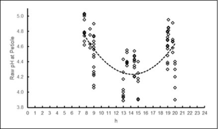 Plot of the raw pH at Petiole in different hours of the day.