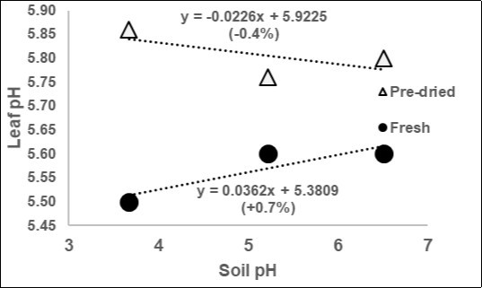 Regression of the average Leaf pH of fresh or pre-dried herbages on the soil pH (data elaborated from Cornelissen et al.10).