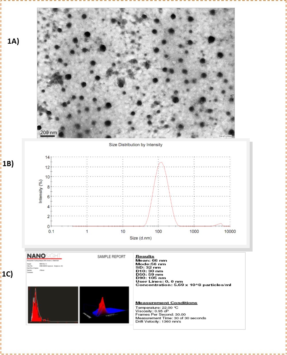 A) TEM image of 60nm PCL NP revealing the spherical shape of the particles. The particles do not show aggregation and are well dispersed. B) DLS data of size distribution of PCL NP in solution. C) Size measurement of PCL NP by Nanosight. Mean particle size is 66nm.