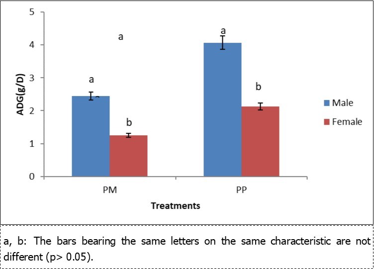 Comparative Apparent Digestibility Coefficient (ADG) between male and female cavy feed on P. purpureum or P. maximum.