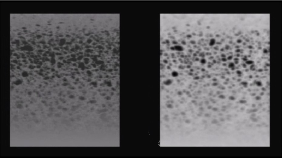 Random Void Phantom - transducer with high contrast resolution (36.66 dB, Philipps IU22.L12.5 MHz). Original 3D rendered image (left), with increased image contrast (right). Even voids within the RVP with weak contrast are discernible.