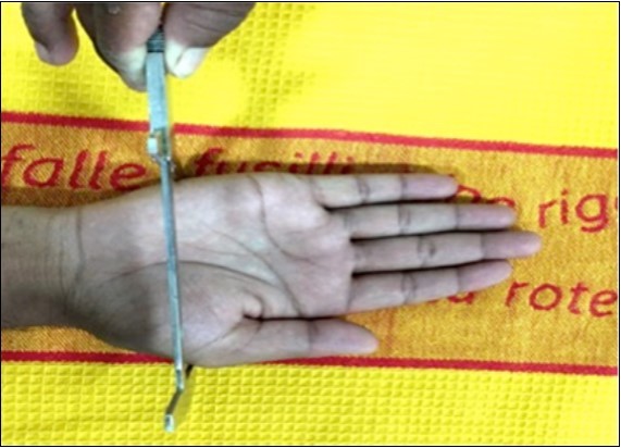 Hand Breadth: Measured from 1st metacarpo-phalangeal joint to base of 5thmetacarpal in cm using Vernier Caliper 6.